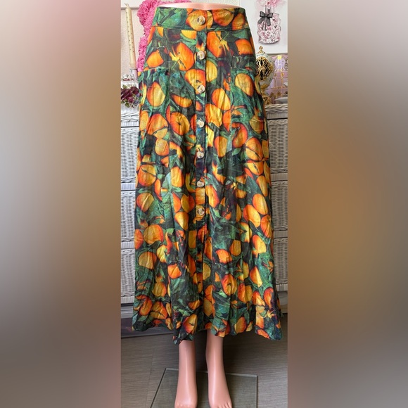 Anthropologie Maeve Midi Skirt Graphic Orchard Print Orange/Green color Size 4 - Picture 2 of 10